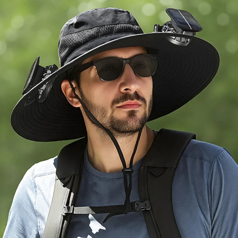 Customisable solar-powered fisherman's hat with integrated fan in beige, black, grey, or khaki.