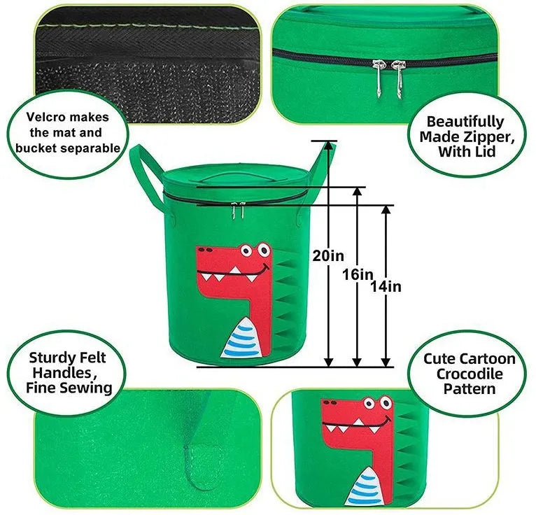 Green felt cube storage bag open showing toys inside, laying flat as play mat