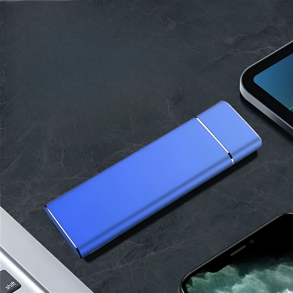 Portable metal solid state external hard disk in Sapphire Blue with USB cable