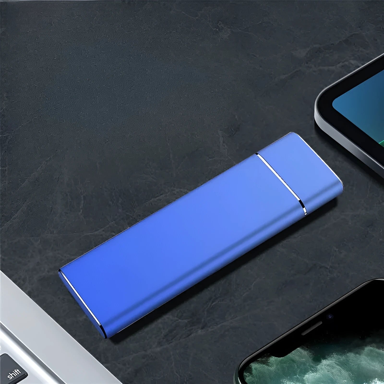 Portable metal solid state external hard disk in Sapphire Blue with USB cable