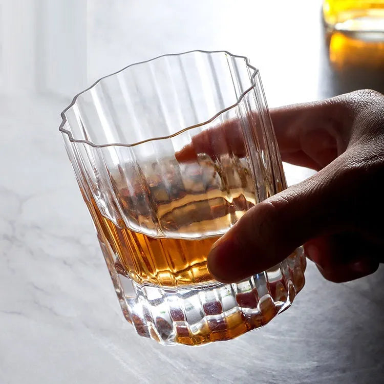 Crystal whiskey glass with thick bottom and lace design, 301-400ml capacity, single glass