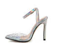 Women's pointed toe diamond sandals with stiletto heels in PVC material