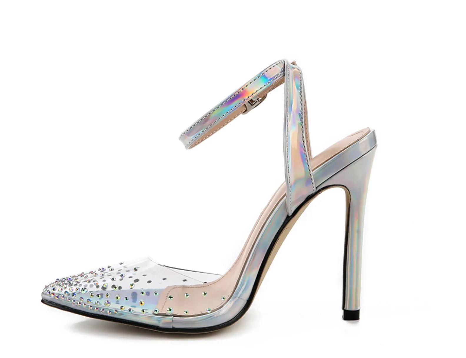 Women's pointed toe diamond sandals with stiletto heels in PVC material
