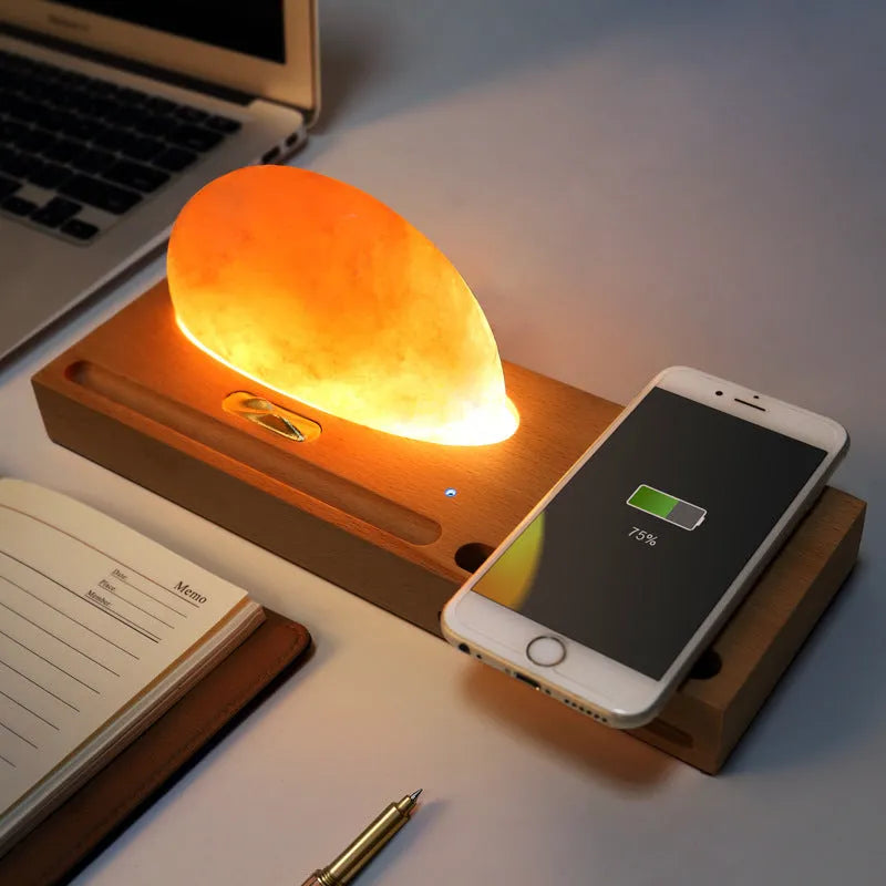 Sunrise Oriental natural crystal salt lamp with wireless phone charging on solid beech wood base