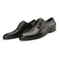 Men's black cowhide leather derby shoes with pointed toe and rubber sole for business dress