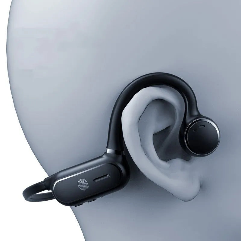Black air conduction wireless earphones with titanium frame showing touch controls and ergonomic ear-hook design