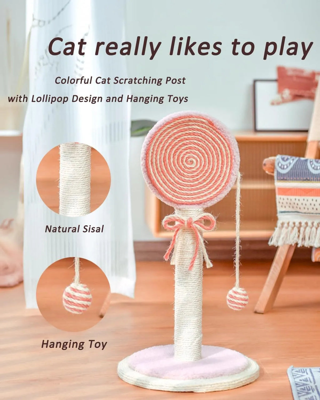 Blue cat scratching post with sisal rope and a hanging ball toy on a sturdy wooden base.