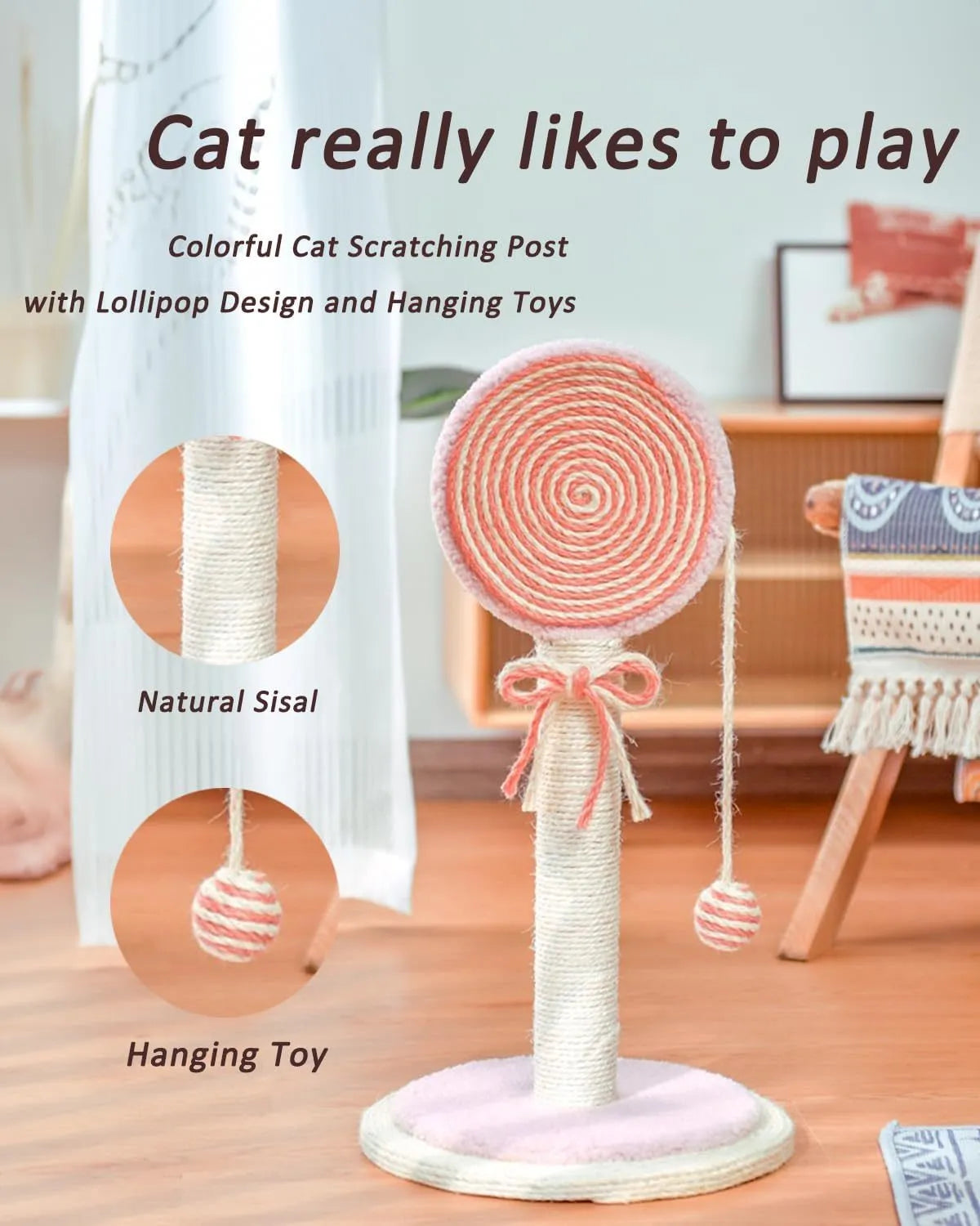Blue cat scratching post with sisal rope and a hanging ball toy on a sturdy wooden base.
