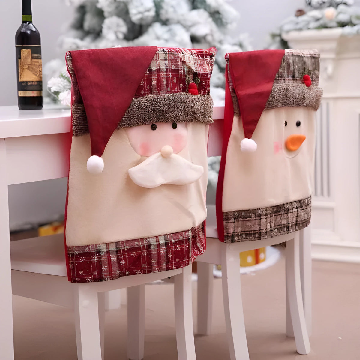 Christmas chair covers set with Santa Claus and Snowman designs for standard dining chairs with Santa hat accessories