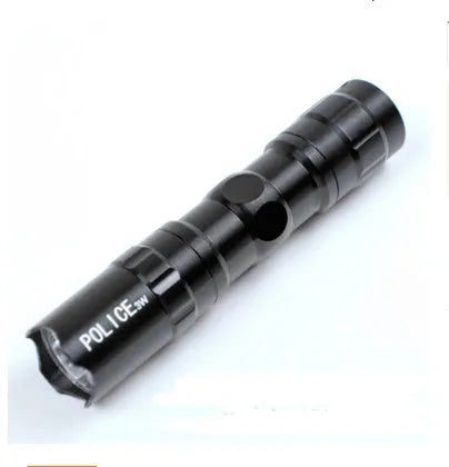 Black aluminium mini LED flashlight showing 9.5cm length and 3W LED lens.