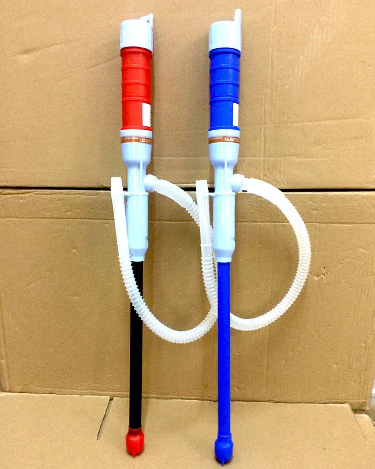 Blue manual hand pump with pipe for transferring fuel, oil or water.