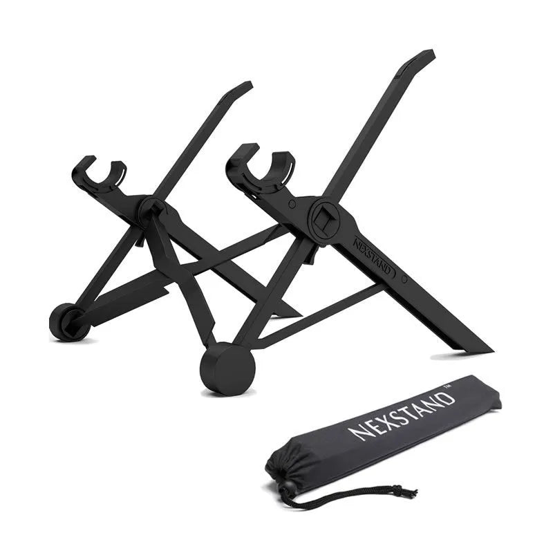 Sagacious black portable folding laptop bracket measuring 40cm wide with carrying case