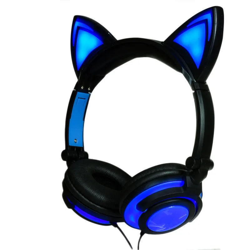 Cat ear head-mounted luminous foldable mobile phone music headset, 183mm x 200mm x 30mm, USB light-up variants