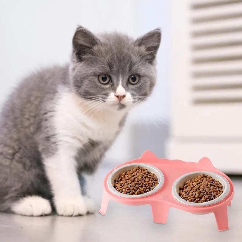 Ceramic cat food and water bowl set with elevated tilted design on ABS stand with hook