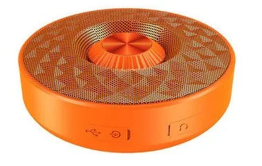 Wireless mini Bluetooth speaker showing three colour options: black, orange, and silvery white