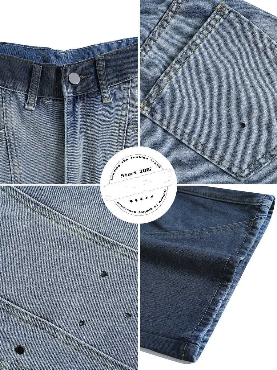 Blue tie-dye gradient cropped jeans with loose fit and washed-out appearance, mid waist casual pants