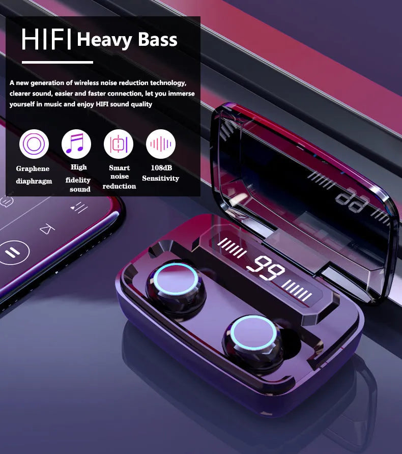 Black M11 Bluetooth 5.0 wireless earbuds with digital display charging case and phone holder