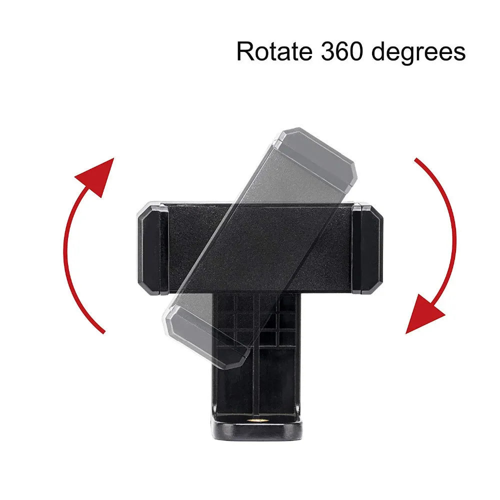 Black plastic rotating clamp phone holder with integrated note folder on a desk edge.