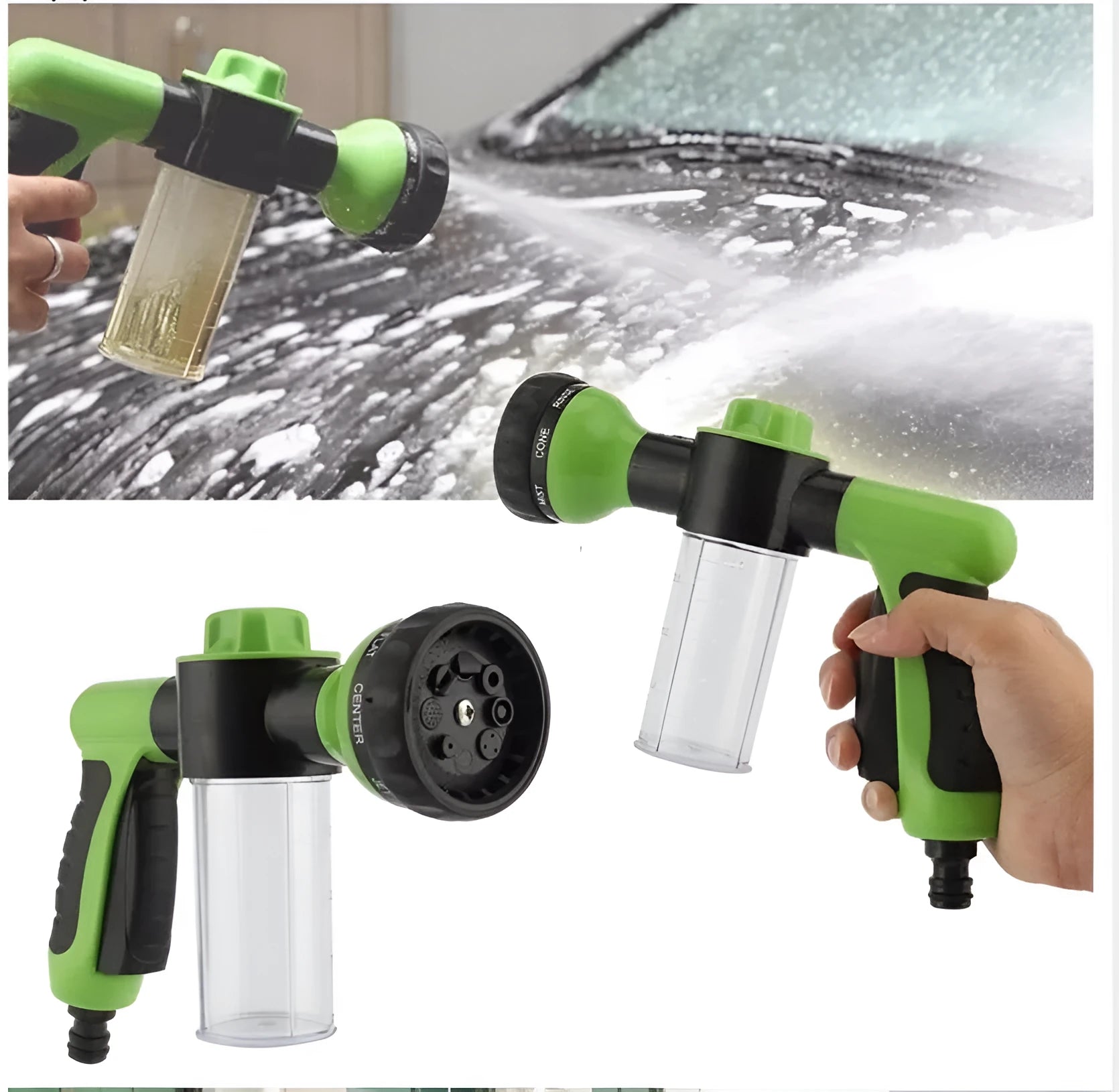 Green high-pressure foam spray gun with adjustable nozzle and attached water hose for car and garden cleaning.