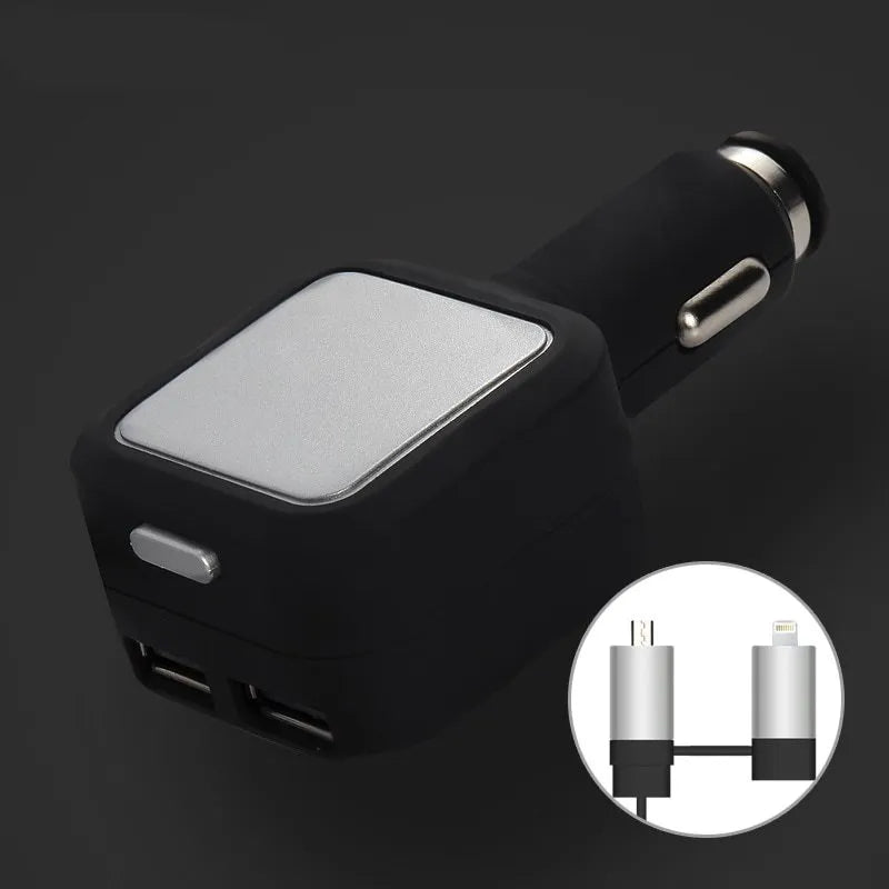 Black and gold dual USB car charger with retractable cable plugged into a car dashboard