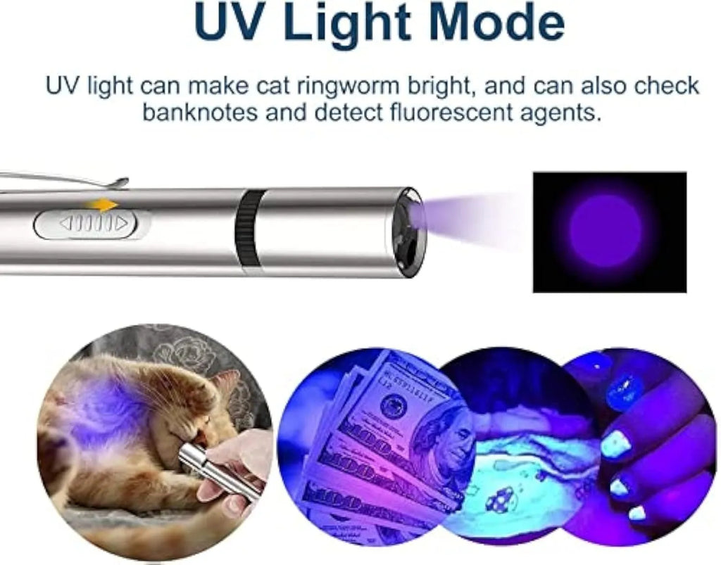 Silver aluminium cat toy pointer wand showing projection patterns including red dot, mice and butterfly