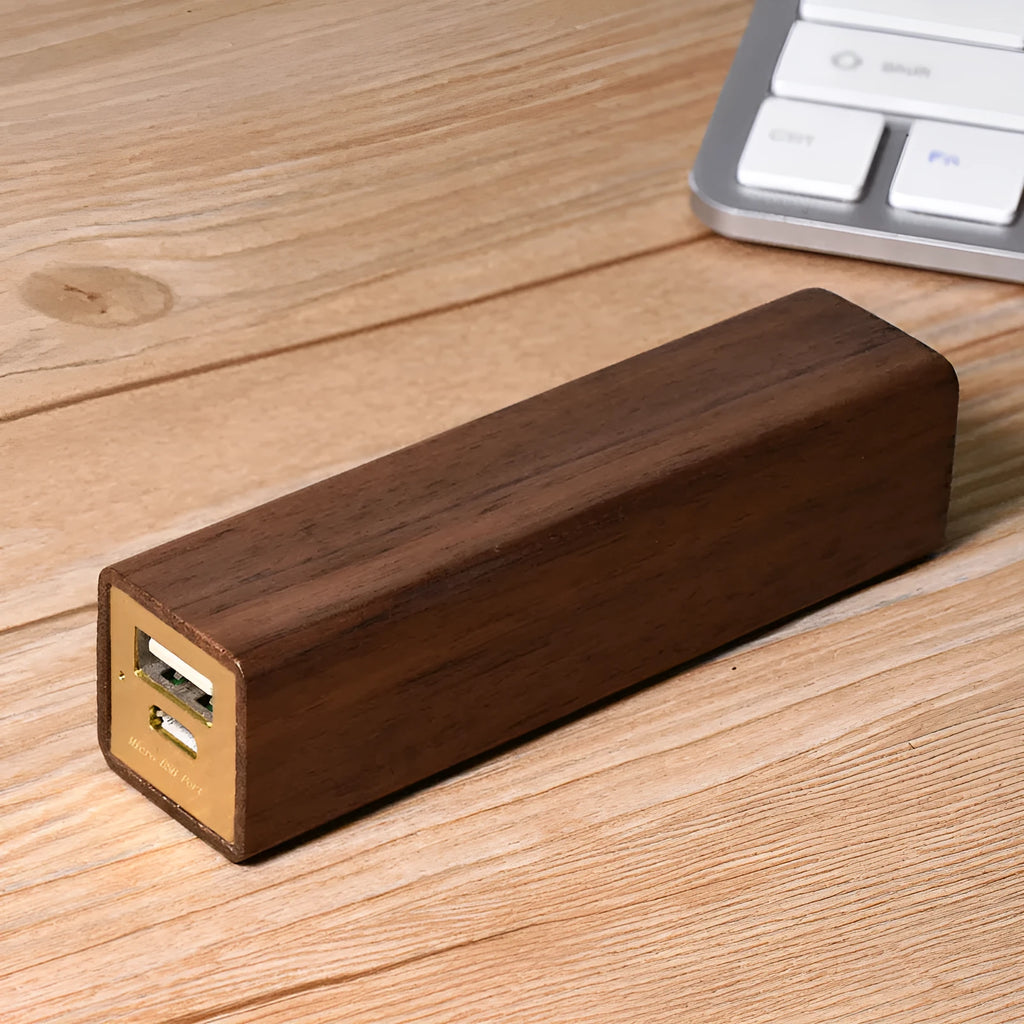 Brown walnut wood portable power bank with aluminium shell and charging port