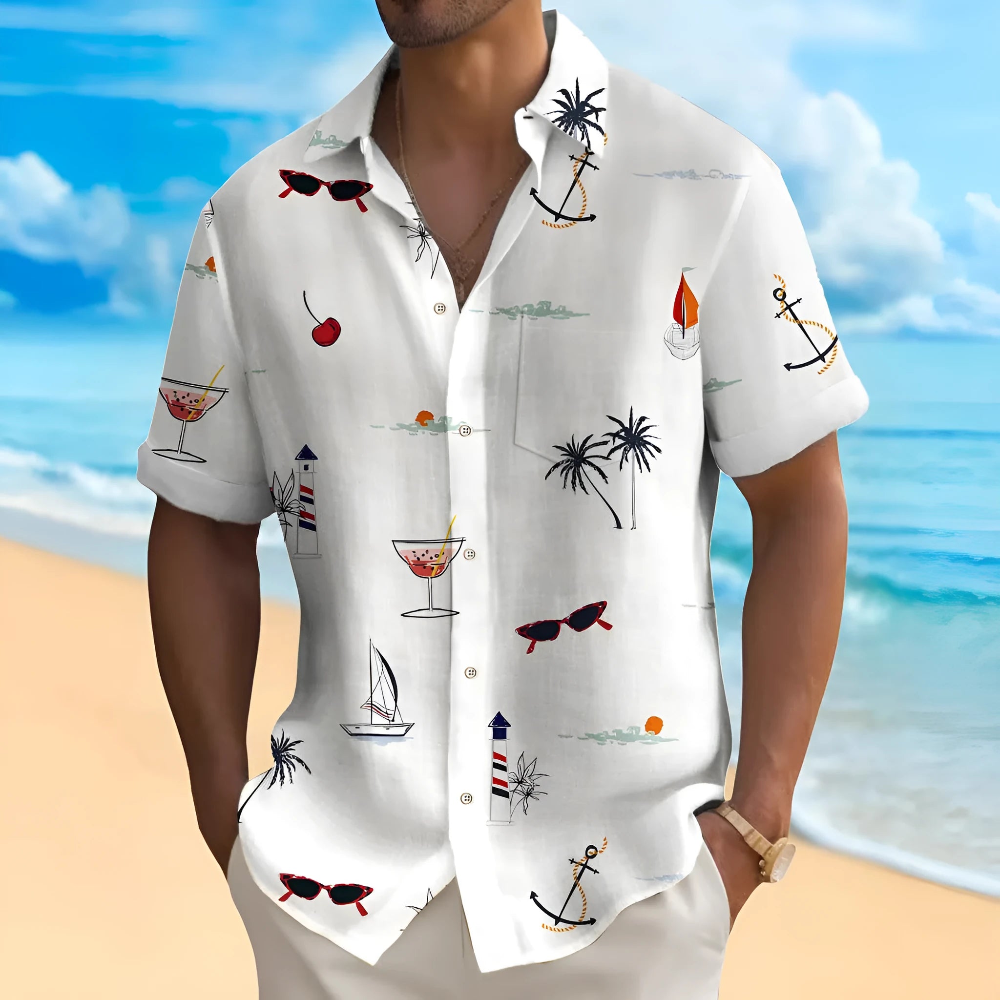 Man wearing loose fit Hawaiian shirt with digital print pattern, short sleeves, polyester fabric.
