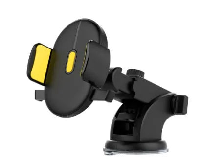 Yellow and black telescopic car phone holder with suction cup mount extended on dashboard