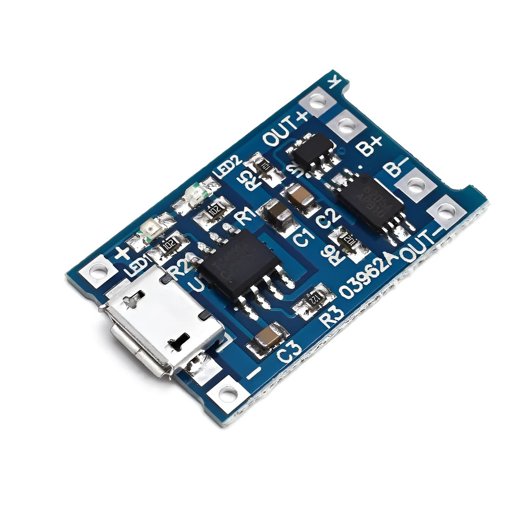Blue lithium battery charging and protection circuit board with 5V input terminals.