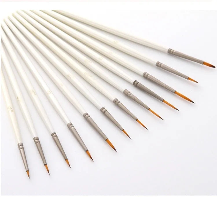 Set of 12 fluorescent pearl white nylon wool hook art brushes in a solid wood pen holder.