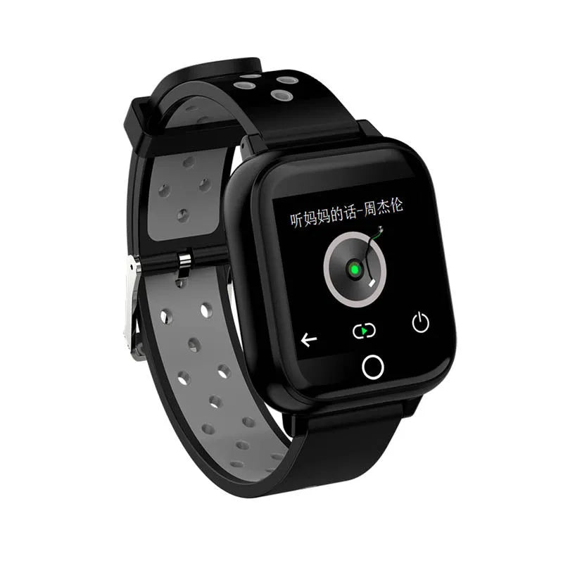 Black smartwatch with detachable Bluetooth earphones showing 1.4-inch touchscreen displaying heart rate and fitness data