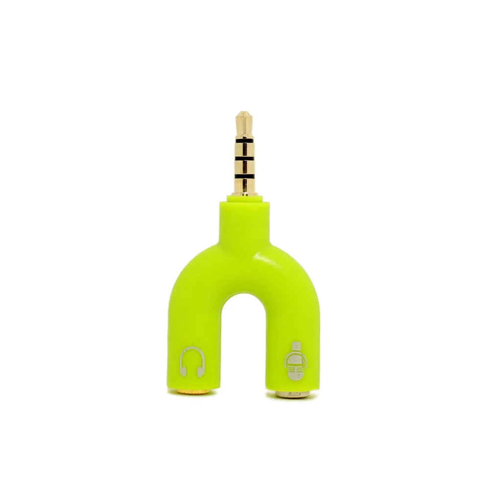 3.5mm audio splitter adapter with gold connectors in six colour options