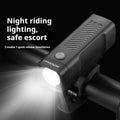 USB rechargeable bicycle headlight with quick-release strap bracket on handlebars.