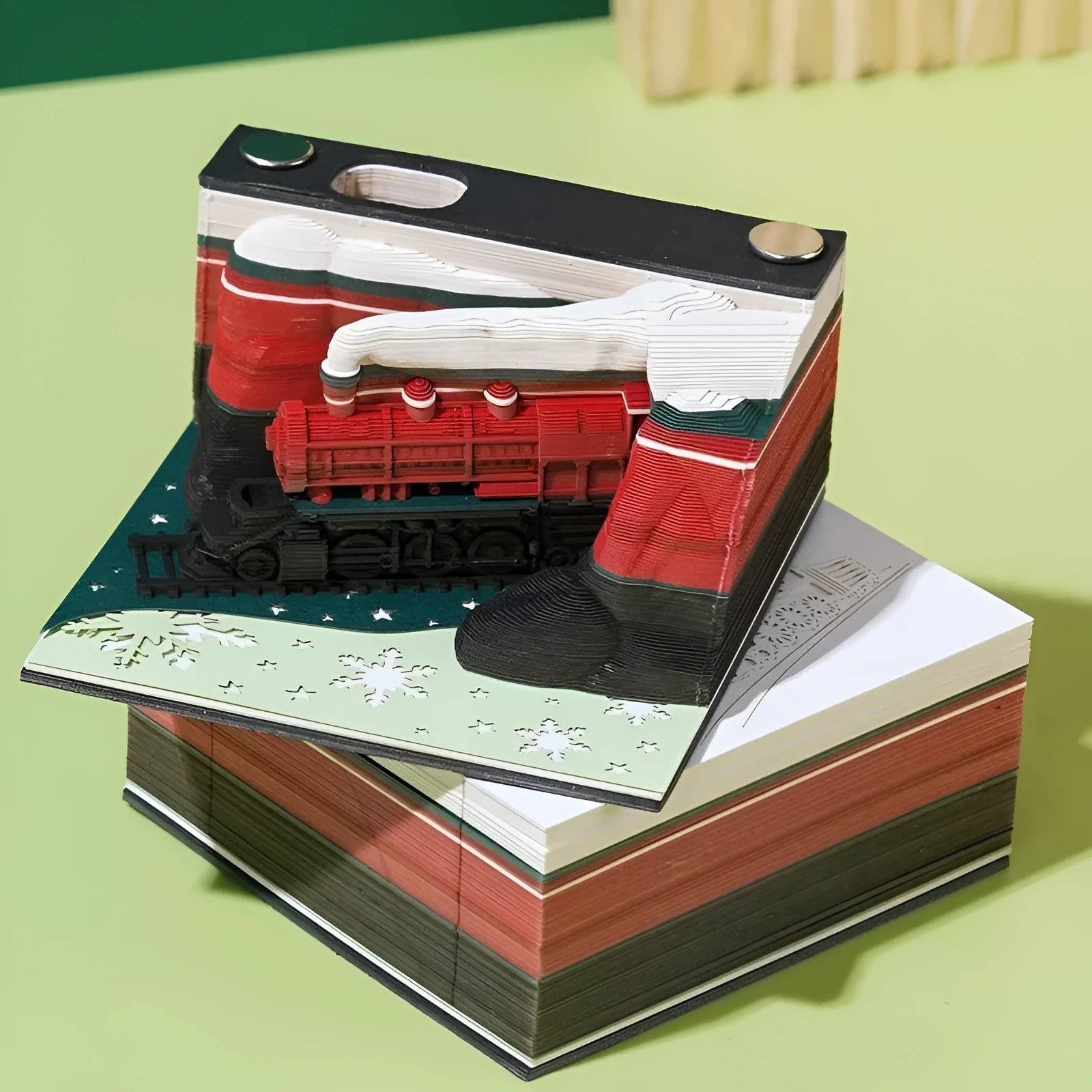 3D sticky note pad with Christmas Train cover and intricate Qingshui Temple paper carving design.