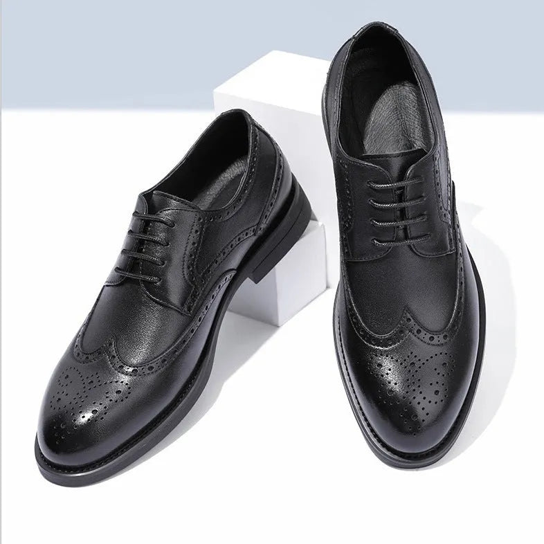 Men's black and brown brogue leather shoes in business style with PU leather upper material