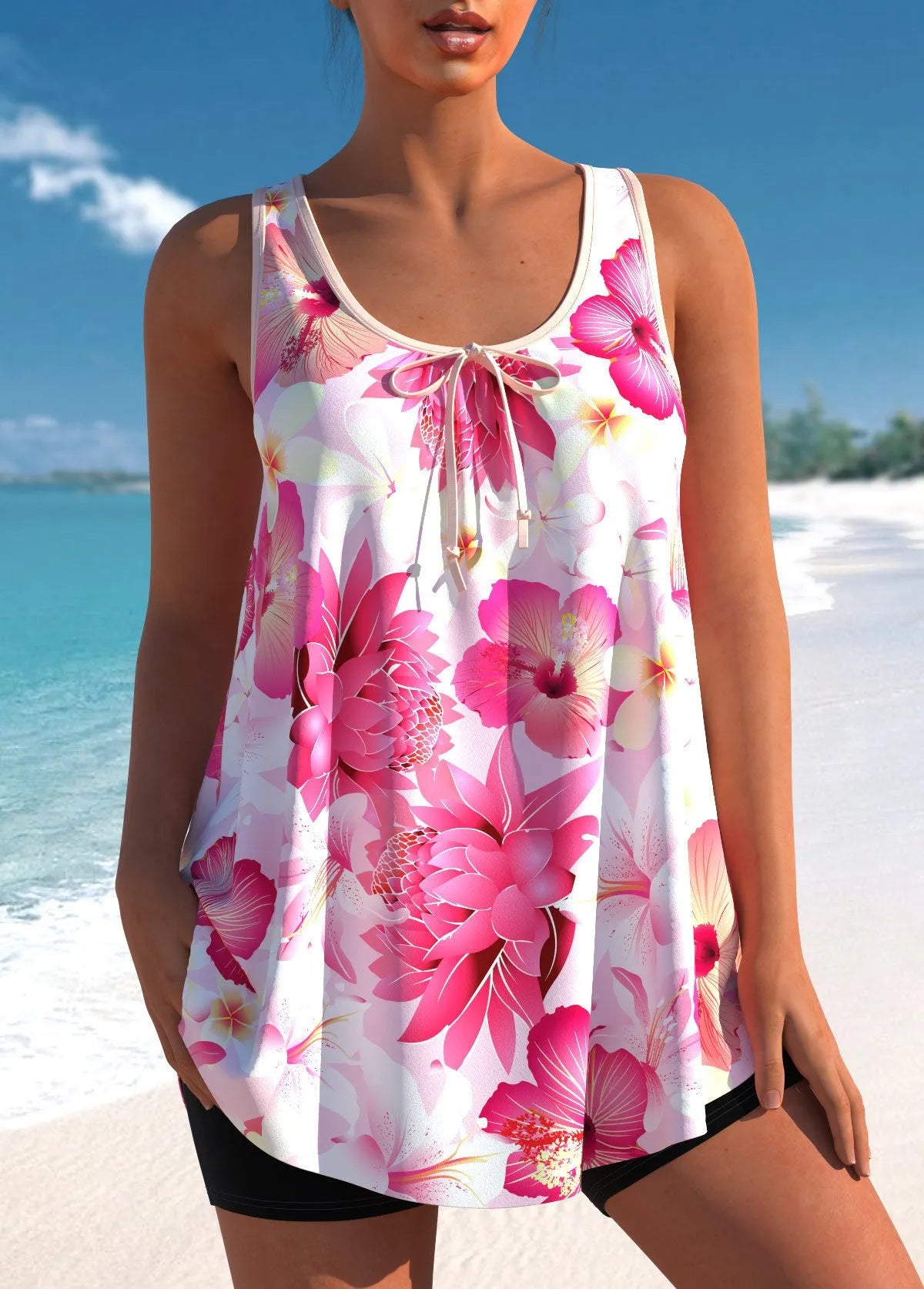 Pink printed tankini swimsuit set with high-waisted briefs for plus size women
