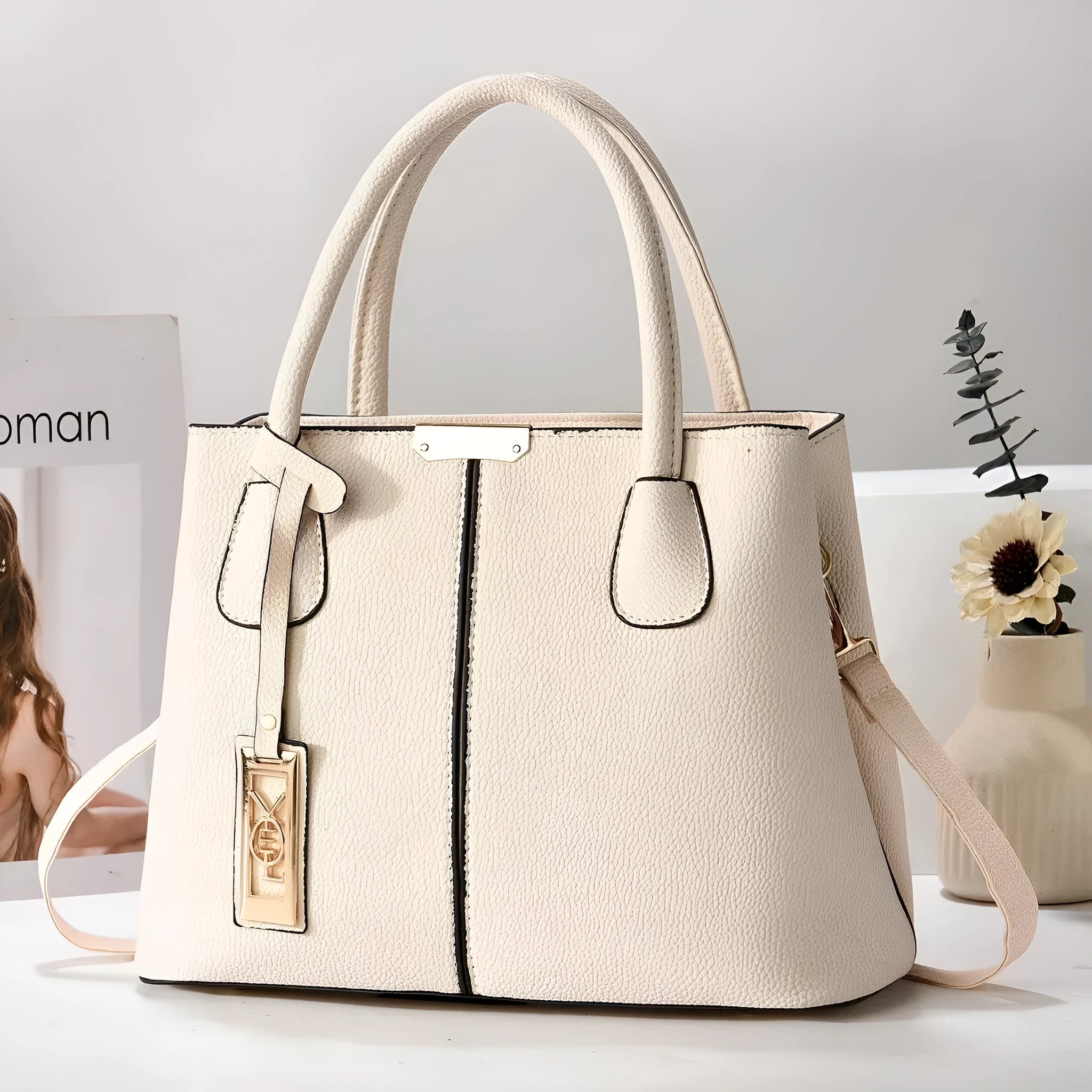 Women's soft PU leather large capacity shoulder bag in horizontal square shape with adjustable strap