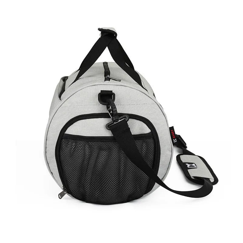 Men's waterproof nylon sports training bag in black or grey, large 45x26x26cm with dry wet separation and trolley strap, small 39x22x22cm