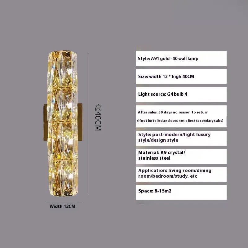 Slim crystal wall lamp with stainless steel body in chrome or gold finish, mounted on a wall.