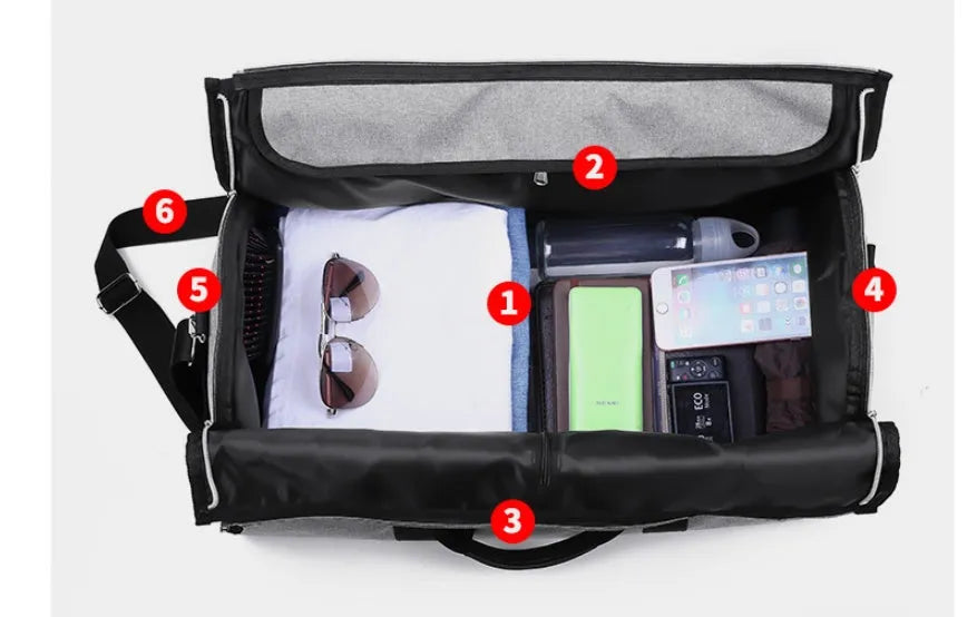 Medium-sized red cylinder travel bag made from Oxford cloth, showing zipper opening and pocket.