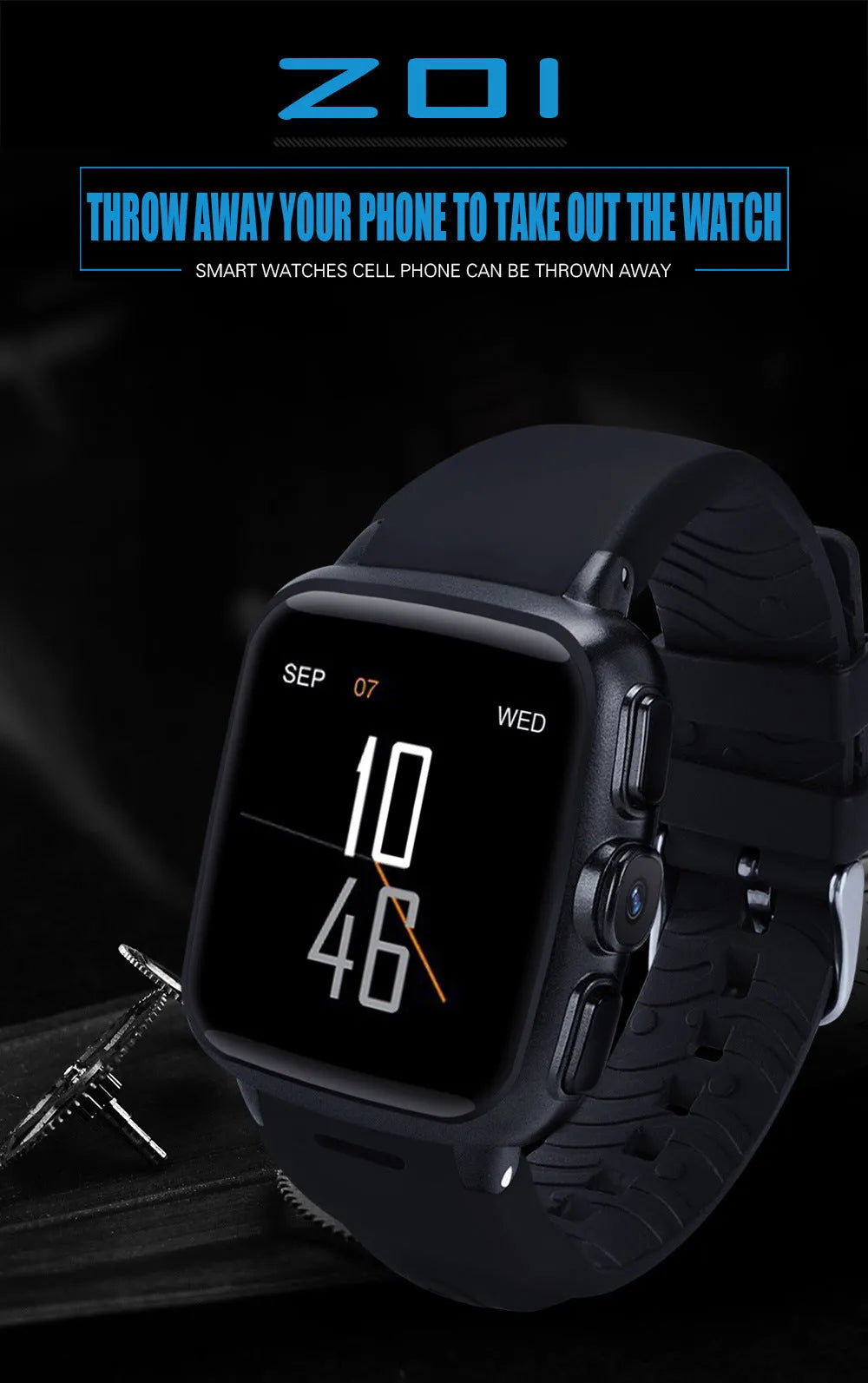 Z01 smart watch with 1.54 inch screen and camera in black or white colour options