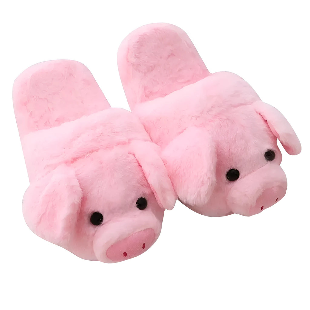 Pink pig-themed plush floor slippers with soft short fabric and cotton filling.