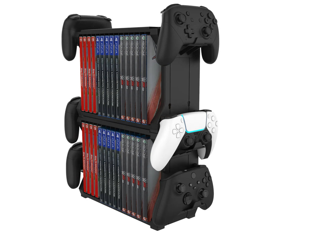 Black PS5 and Xbox Series X disc holder stand with slots for four game controllers