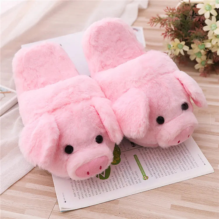 Pink pig-themed plush floor slippers with soft short fabric and cotton filling.