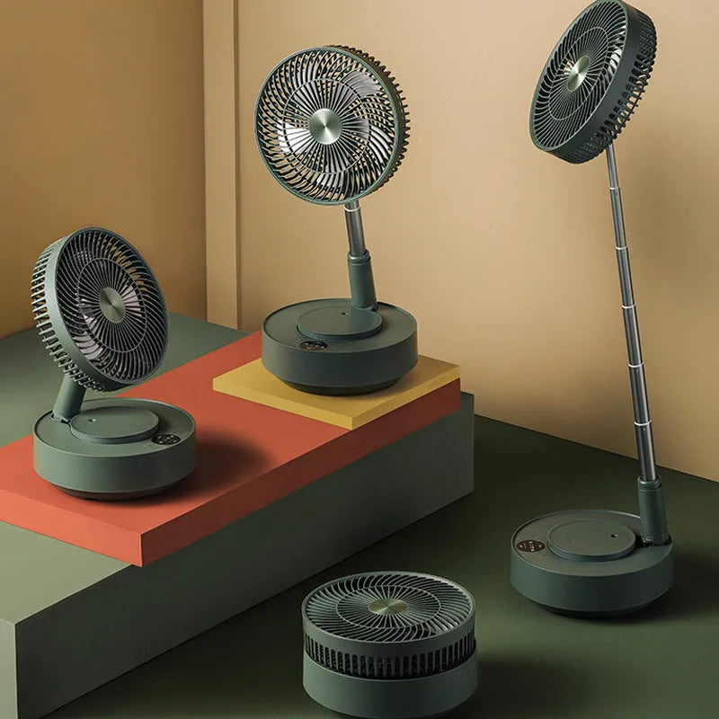 Green rechargeable storage floor electric fan in vertical configuration with telescopic folding design