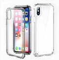 Clear transparent TPU shockproof iPhone case on a table, showing phone model compatibility list.