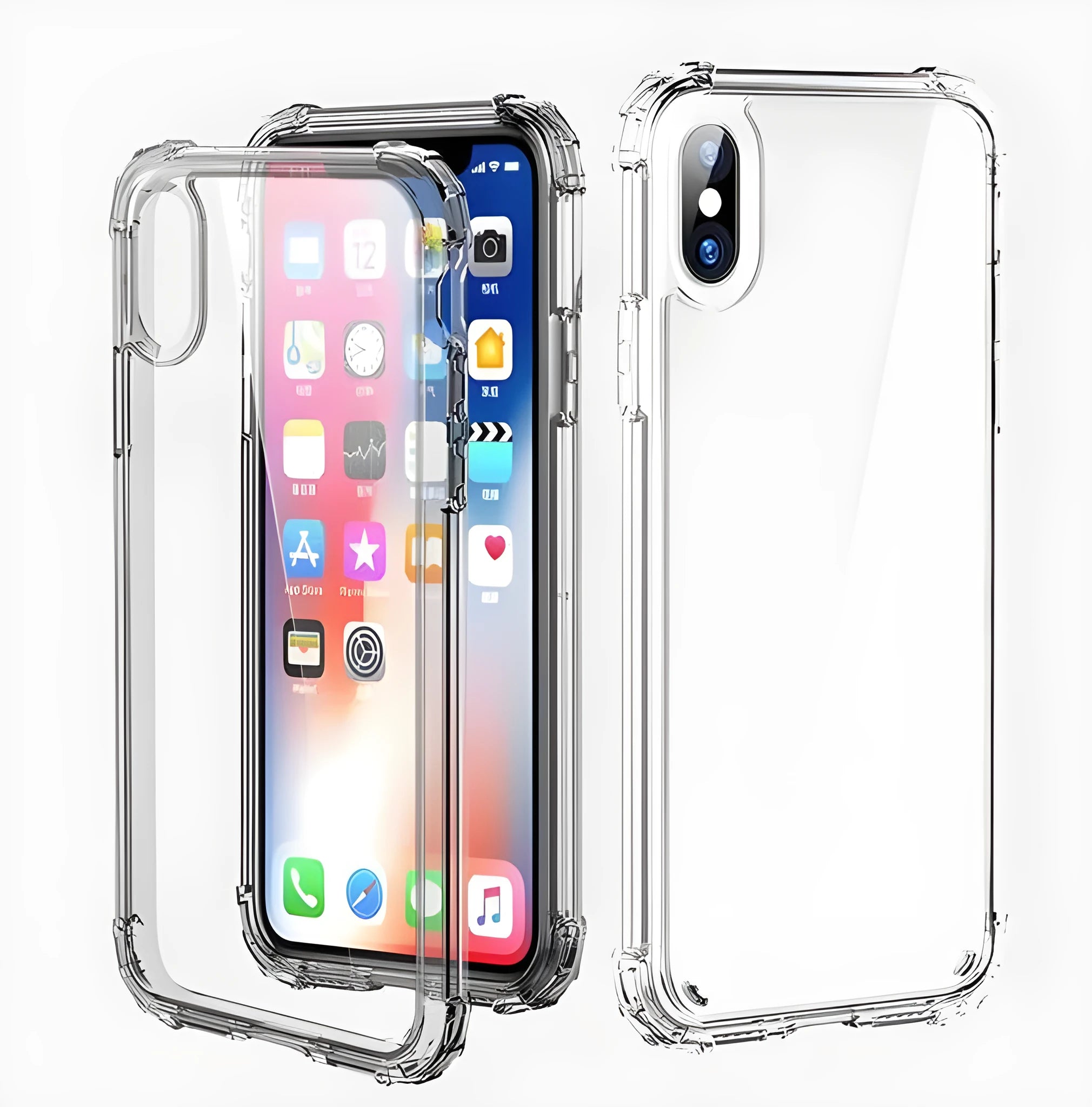 Clear transparent TPU shockproof iPhone case on a table, showing phone model compatibility list.