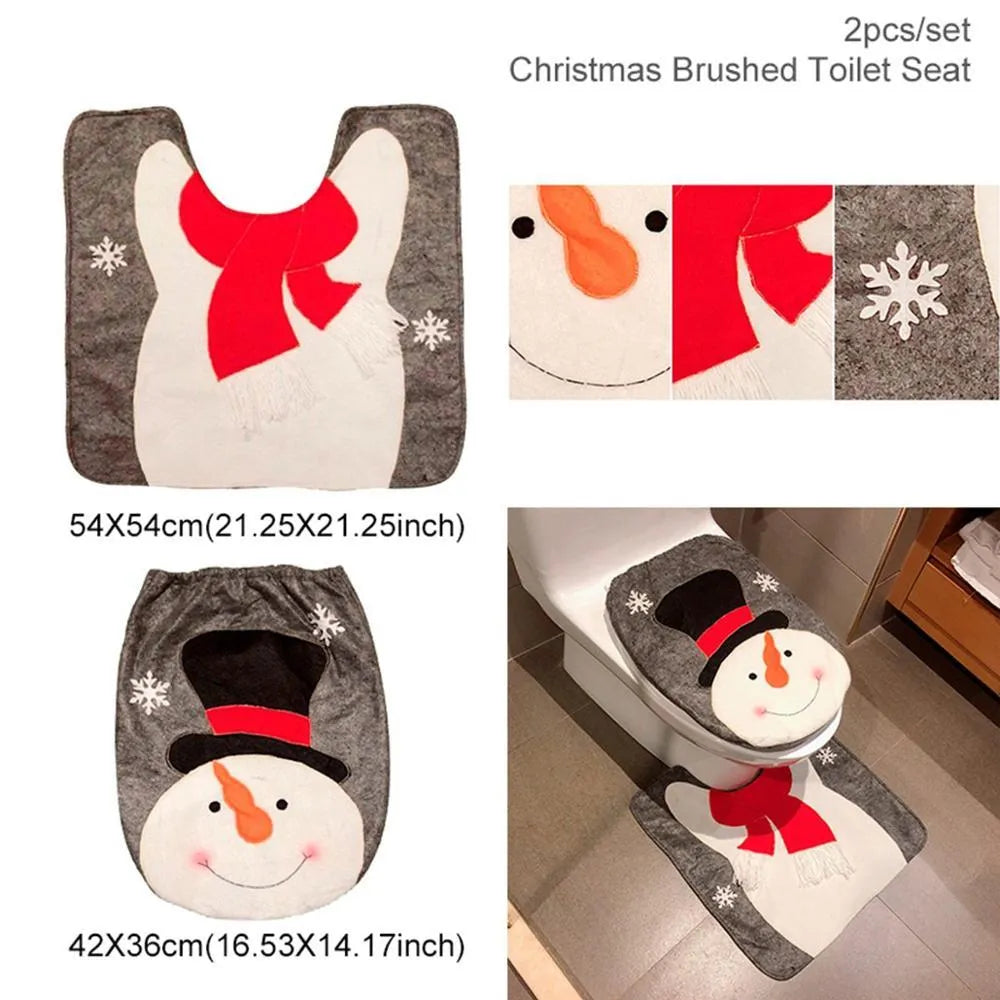 Christmas bathroom decoration set with Santa Claus toilet seat cover, floor mat and shower curtain in red flannel fabric
