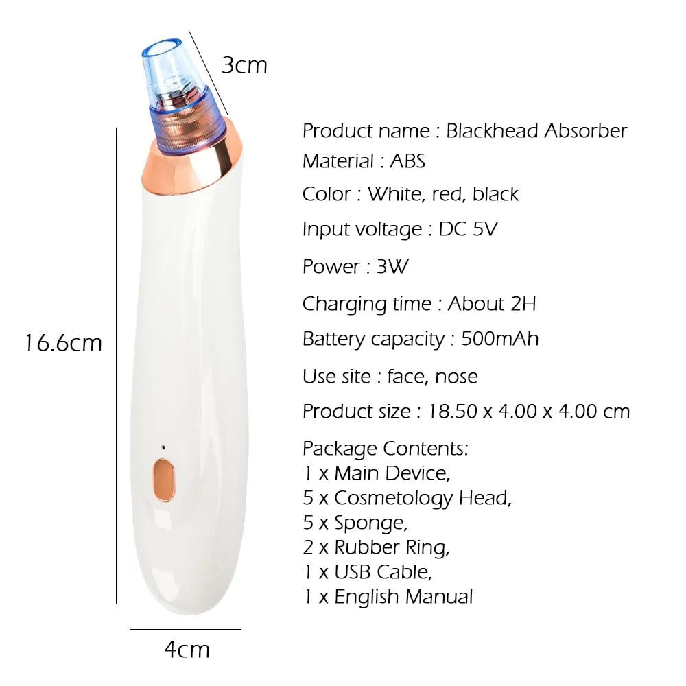 Electric blackhead remover device with five nozzle attachments in black, gold, red, or white colour options.