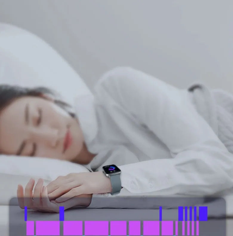 Blue smart watch with 1.7-inch touch screen showing fitness data on wrist